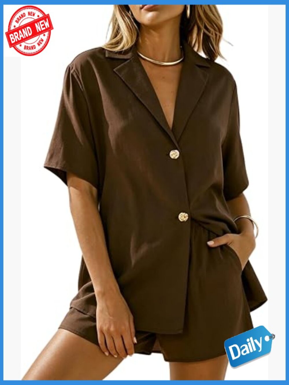 Womens Linen 2 Piece Short Set Button Down Shirt Shorts Casual Lounge Beach